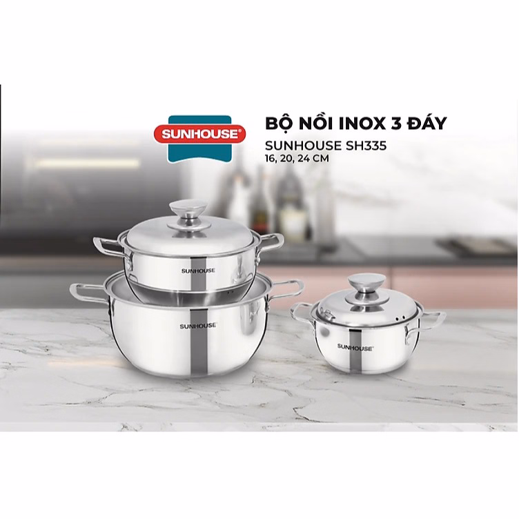 Bộ Nồi Inox 3 Đáy Sunhouse Sh335(16Cm, 20Cm, 24Cm ) - Dùng Trên Mọi Loại Bếp - Hàng Chính Hãng Ctb330 - Bechip - Ảnh 7