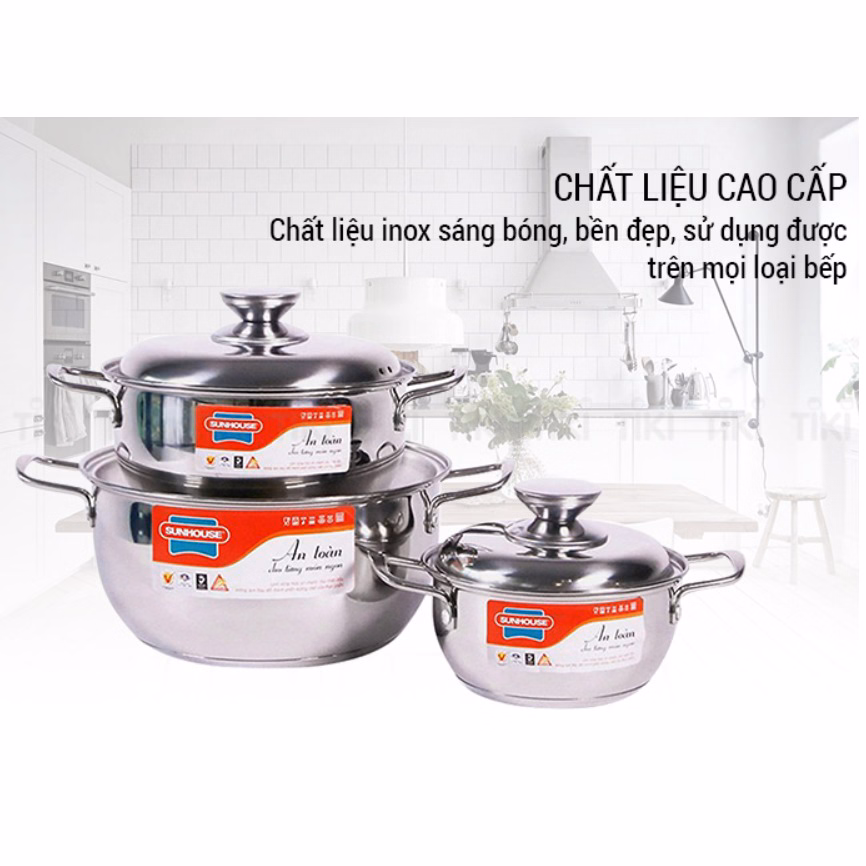 Bộ Nồi Inox 3 Đáy Sunhouse Sh335(16Cm, 20Cm, 24Cm ) - Dùng Trên Mọi Loại Bếp - Hàng Chính Hãng Ctb330 - Bechip - Ảnh 2