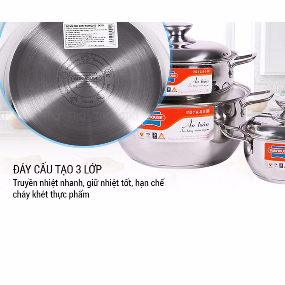 Bộ Nồi Inox 3 Đáy Sunhouse Sh335(16Cm, 20Cm, 24Cm ) - Dùng Trên Mọi Loại Bếp - Hàng Chính Hãng Ctb330 - Bechip - Ảnh 3