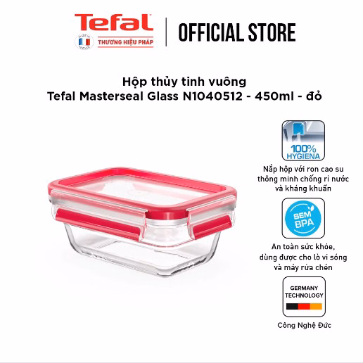 Hộp Thủy Tinh Vuông Tefal Masterseal Glass N1040512 - 450Ml - Đỏ - Tefal