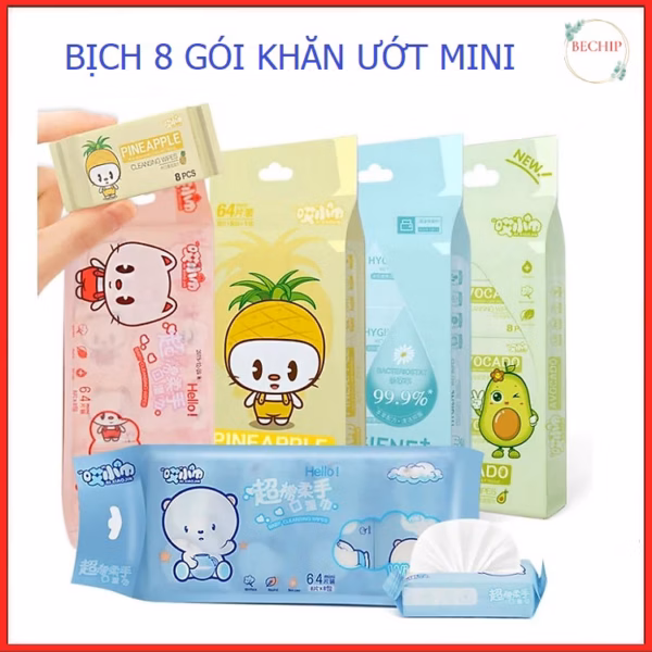 Bịch 8 Gói (64 Tờ) Khăn Ướt Mini Bỏ Túi Tiện Lợi Ctb348 - Bechip
