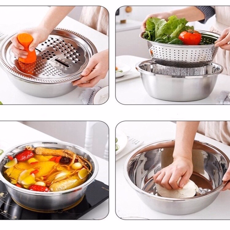 Bộ 3 Món Thau, Rổ Inox Bào Củ - Silver - Ảnh 2