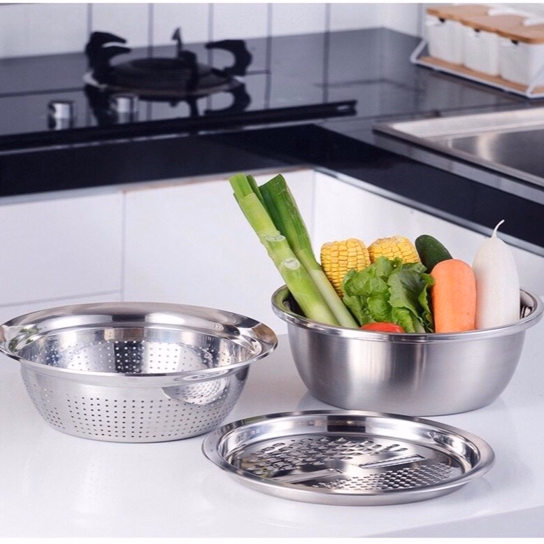 Bộ 3 Món Thau, Rổ Inox Bào Củ - Silver - Ảnh 3