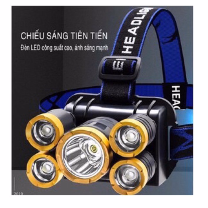 Đèn Pin Đội Đầu Mini 5 Bóng Siêu Sáng, Kèm 2 Pin, Kèm Sạc Ctb429 - Bechip - Ảnh 4
