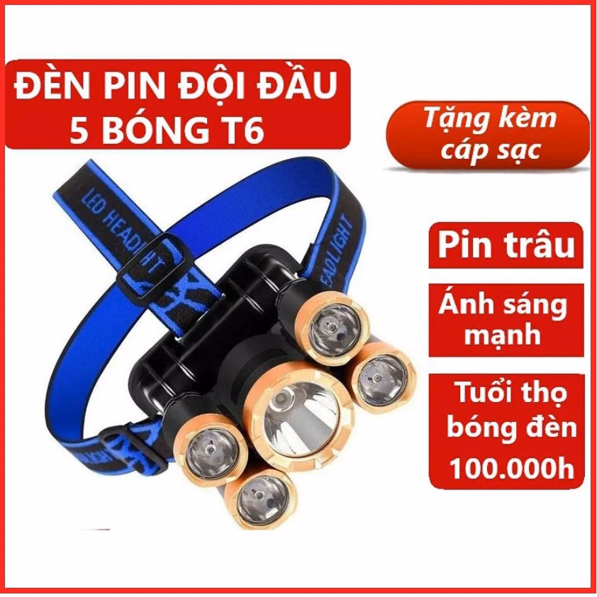 Đèn Pin Đội Đầu Mini 5 Bóng Siêu Sáng, Kèm 2 Pin, Kèm Sạc Ctb429 - Bechip