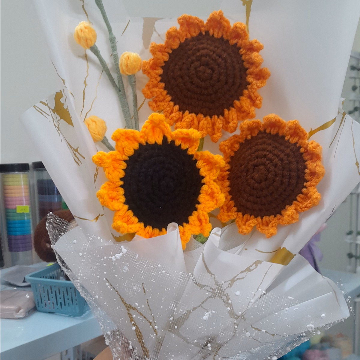 Bó Hoa Hướng Dương 3 Bông Bằng Len Handmade Yukishop Yk18 - Ảnh 2
