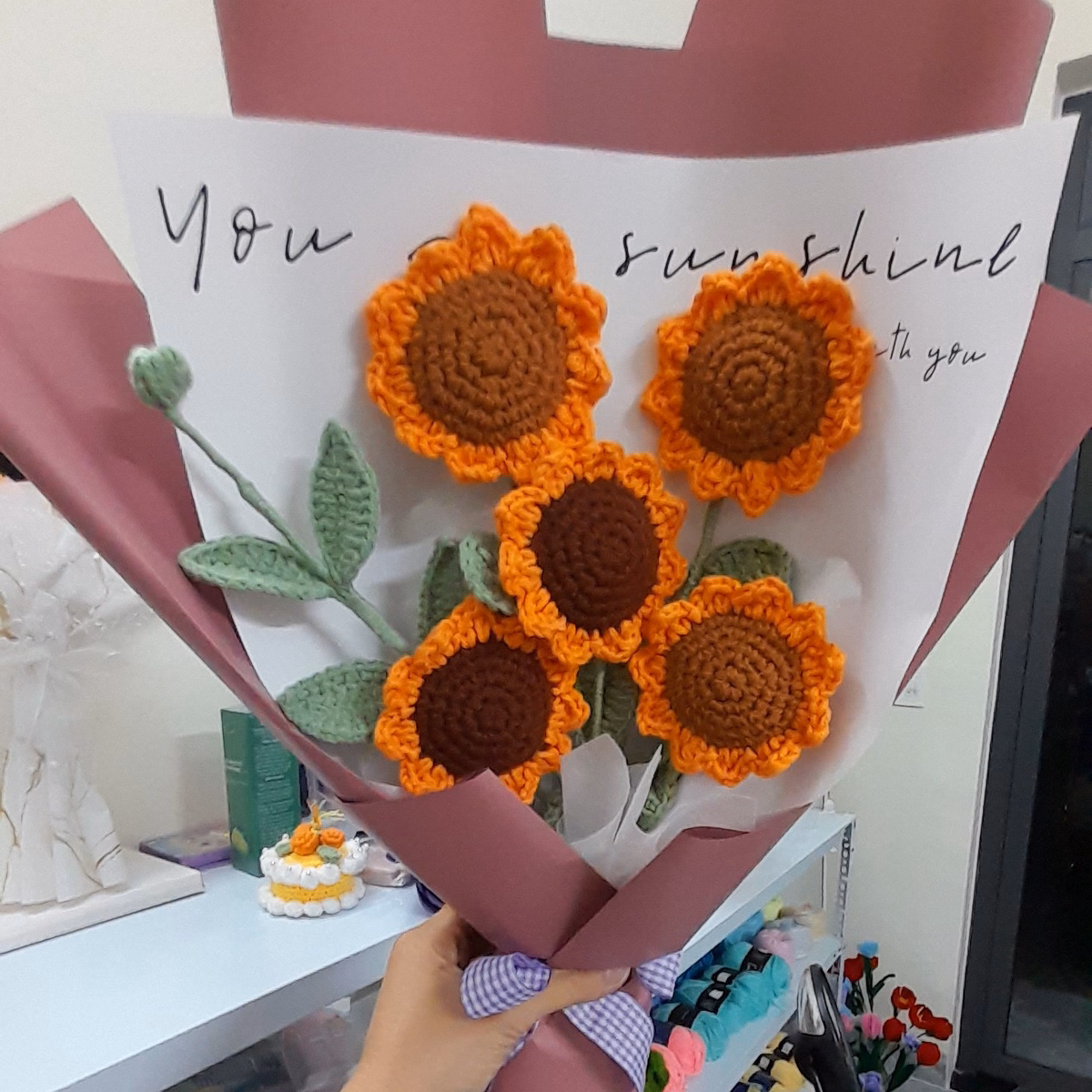 Bó Hoa Hướng Dương 5 Bông Bằng Len Handmade Yukishop Yk19 - Ảnh 3