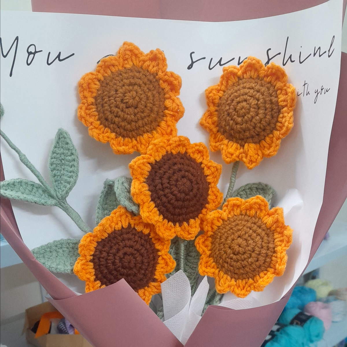 Bó Hoa Hướng Dương 5 Bông Bằng Len Handmade Yukishop Yk19 - Ảnh 2