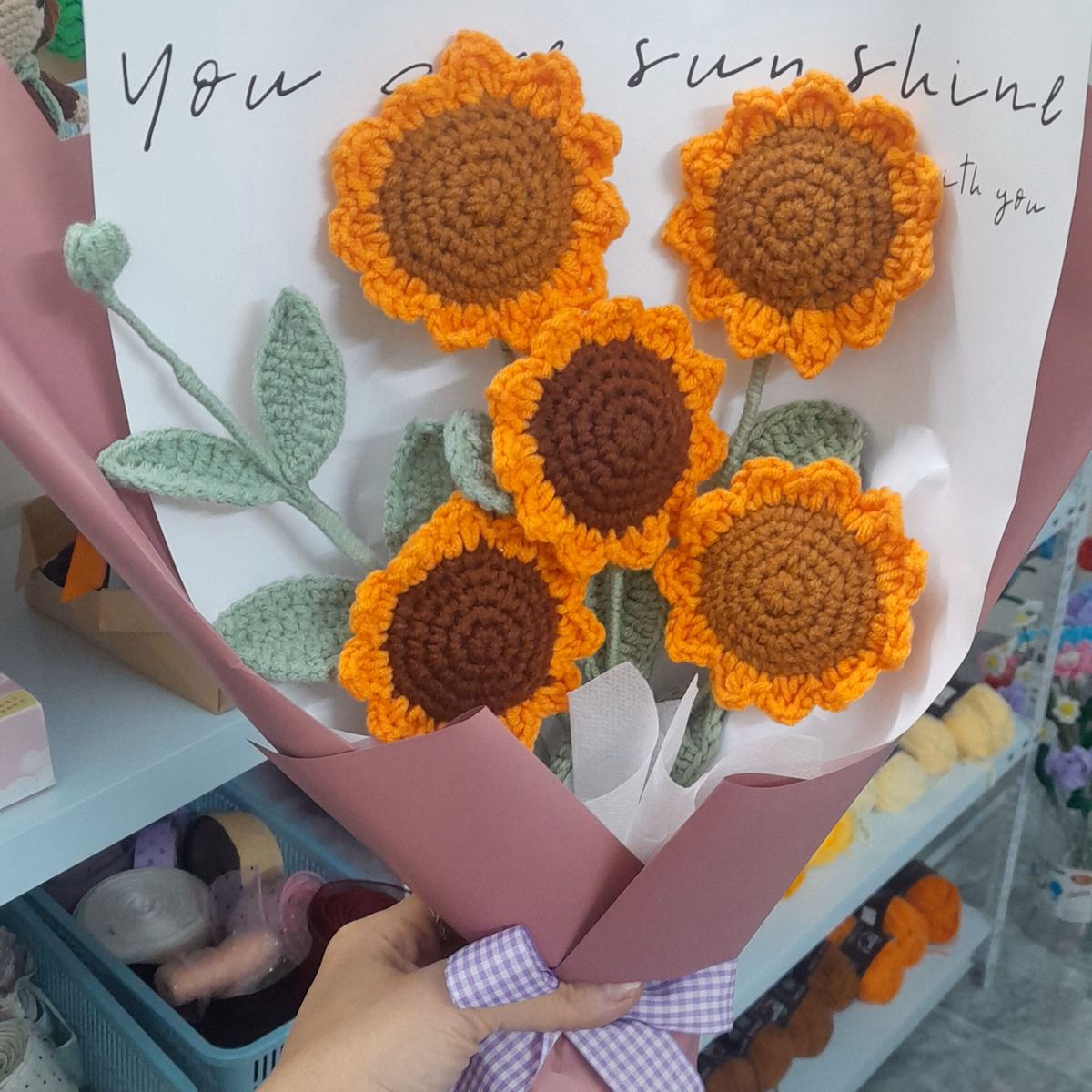Bó Hoa Hướng Dương 5 Bông Bằng Len Handmade Yukishop Yk19 - Ảnh 5
