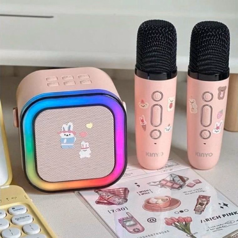 Loa Karaoke Mini K12 Sạc Pin Không Dây Tặng Kèm 2 Mic - Gdn - Ảnh 2