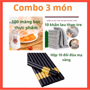 Combo 3 Sp: Set 100 Màng Bọc Thực Phẩm + 10 Đôi Đũa Mạ Vàng + Set 10 Khăn Lau Đa Năng Ctb486 - Bechip